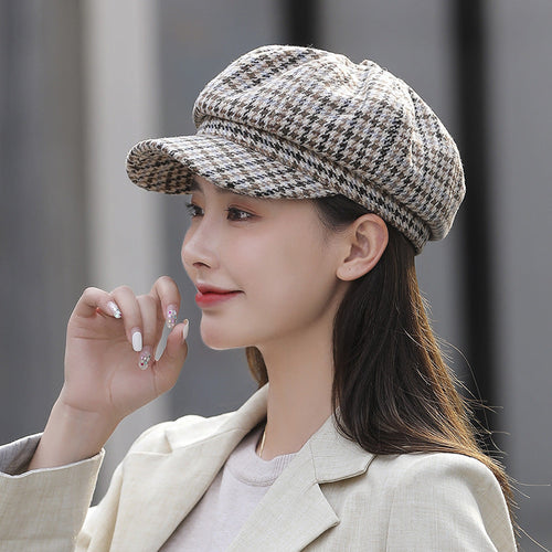 Navy Octagonal Cap Children's Woolen Houndstooth