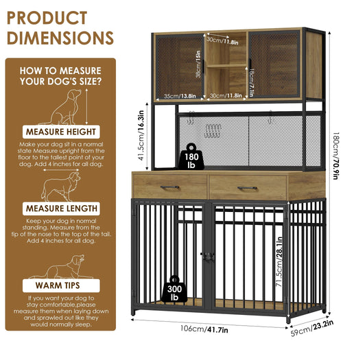 71 Tall Dog Crates Furniture, Indoor Dogs Kennel Furniture with Hutch, 42W Dog Cage Furniture for Large/Medium Dogs, Decorative Sturdy Pet House, Rustic Brown