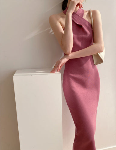 Women's Slim Fit Slim Pack Hip Cross Halter Over Knee Knit Dress