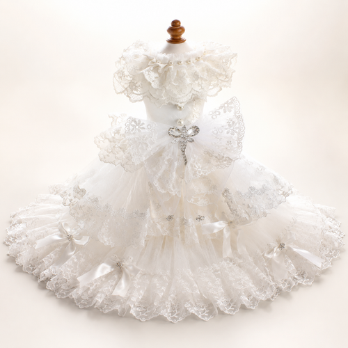Luxury Victorian Lace Dog Wedding Dress Handmade Pearl Bridal Gown Princess Pet Wedding Dress Couture White Formal Gown
