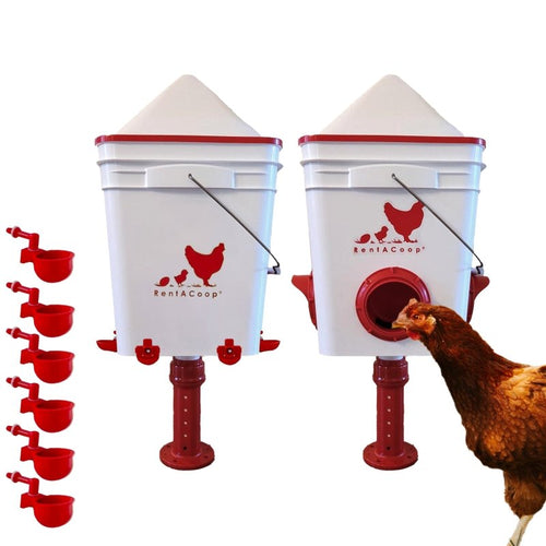 RentACoop Chicken Feeder & Waterer Set– 25lb No-Waste Feeder with 4 Large Ports + 5-Gallon Waterer with Auto-Fill Cups & Horizontal Nipples