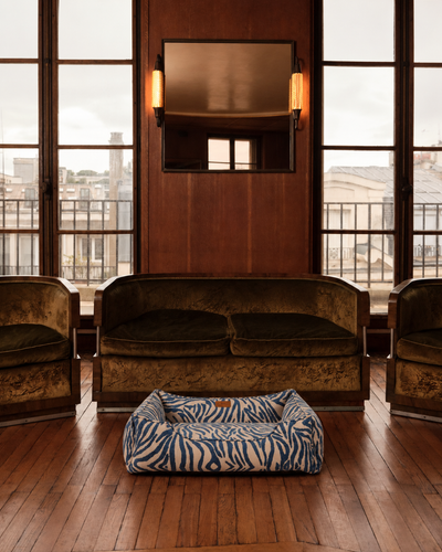 Chester & Lee | Velvet Sleeper Dog Bed Blue & White Animal Print