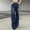 Women's Washed-out Vintage Dark Blue Denim Split Stitching Multi-pocket High Waist Straight All-matching Casual Pants