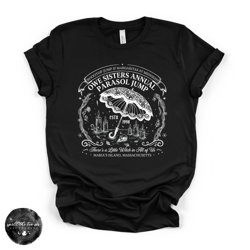 Owe Sisters Annual Parasol Jump Tee | Vintage Witch Halloween Graphic T-Shirt {WHITE DESIGN}