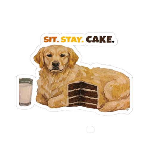Sit. Stay. Cake. Golden Retriever Sticker | Funny Dog Meme Vinyl Sticker