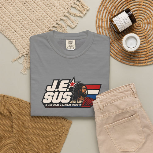 Jesus Retro Graphic T-Shirt — “J.E.SUS The  Real Eternal Hero” Christian Vintage Tee