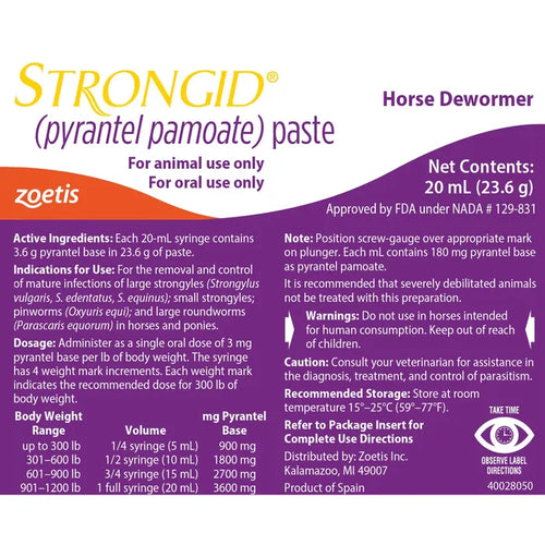 Strongid Paste Pyrantel Pamoate Horses Wormer Safe Foals Mares Care 20mL