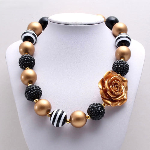 Pet Necklace Black & Gold Rose Big Beaded