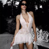 Short Stitching Ribbon Halter Lace Hollow-out Deep V-neck Backless Hot Girl Dress