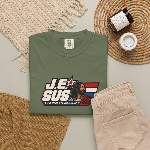 Jesus Retro Graphic T-Shirt — “J.E.SUS The  Real Eternal Hero” Christian Vintage Tee