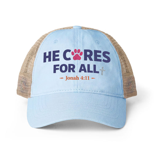 He Cares for All Scripture Paw Print Women's Washed Mesh-Back Cap