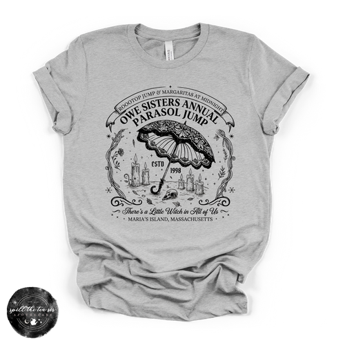Owe Sisters Annual Parasol Jump Tee | Vintage Witch Halloween Graphic T-Shirt {BLACK DESIGN}