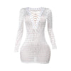 Sexy Hot Girl Long Sleeve Deep V Sexy Mesh Tied Dress