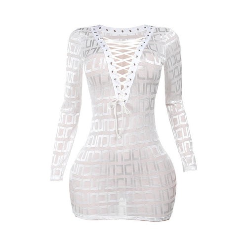 Sexy Hot Girl Long Sleeve Deep V Sexy Mesh Tied Dress
