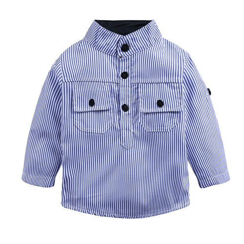 Handsome boy's blue stripe shirt and jeans trousers suit
