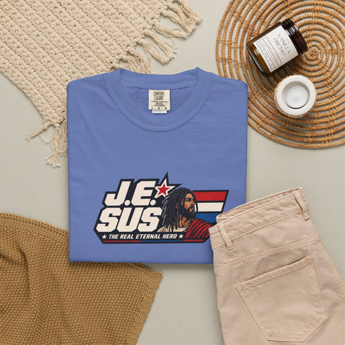 Jesus Retro Graphic T-Shirt — “J.E.SUS The  Real Eternal Hero” Christian Vintage Tee