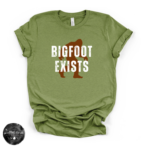 Bigfoot Exists Tee | Funny Cryptid Graphic T-Shirt (WHITE DESIGN)
