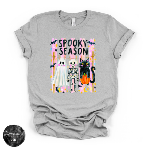 Spooky Season Clothesline Tee | Cute Halloween Ghost, Skeleton & Black Cat Graphic T-Shirt