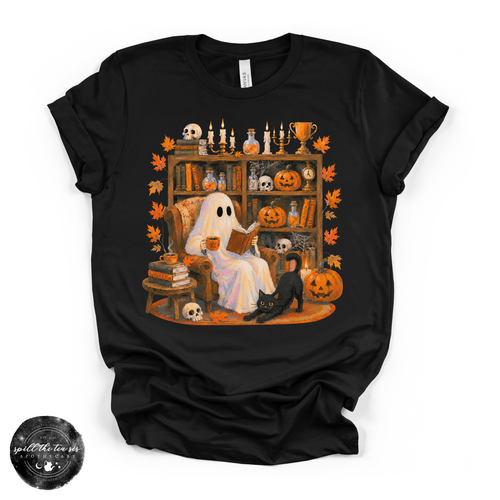 Cozy Ghost Reading Tee | Cute Book Lover Halloween Graphic T-Shirt