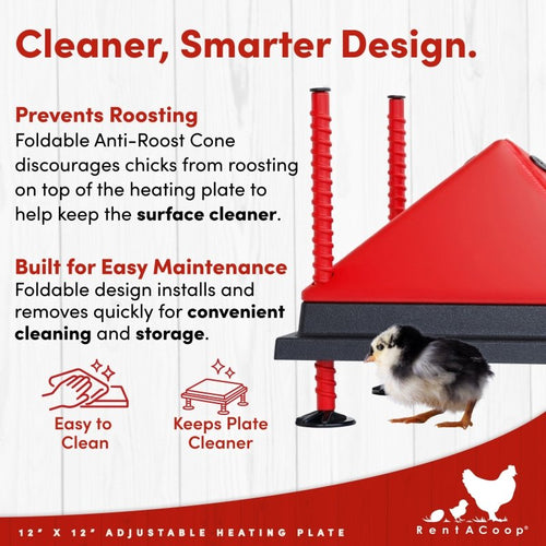 RentACoop 12x12” Adjustable Heating Plate with Bonus Foldable Anti-Roost Cone for up to 20 Chicks