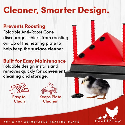 RentACoop 10x10” Adjustable Heating Plate with Bonus Foldable Anti-Roost Cone for up to 15 Chicks