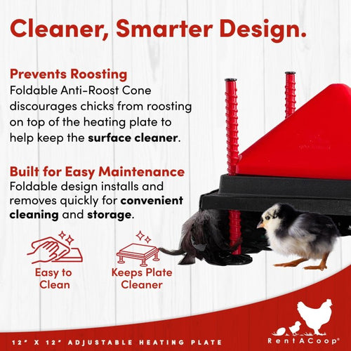 RentACoop 12x12” Adjustable Heating Plate with Hard Anti-Roost Cone Set and Removable Comfort Feathers - Chick Brooder Heat Plate Warms Up to 20 Chicks