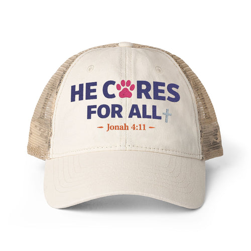 He Cares for All Scripture Paw Print Women's Washed Mesh-Back Cap