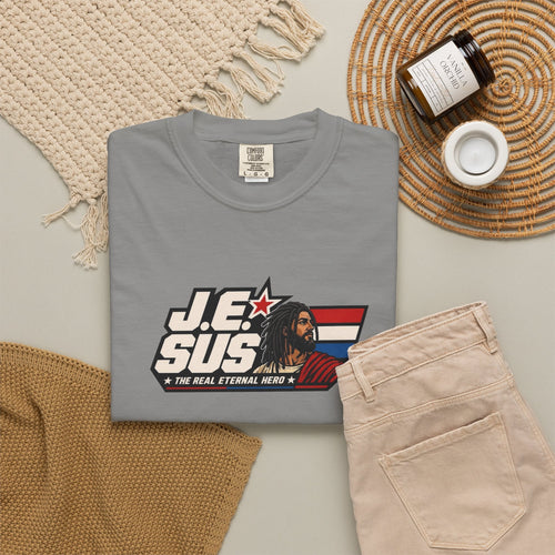 Jesus Retro Graphic T-Shirt — “J.E.SUS The  Real Eternal Hero” Christian Vintage Tee