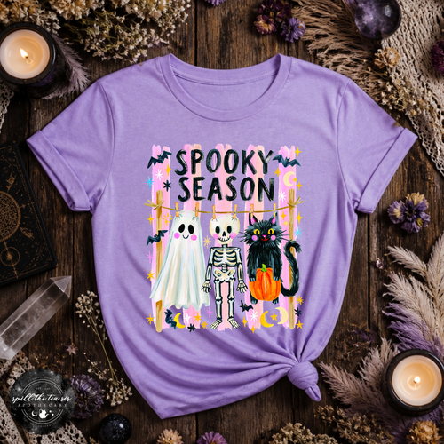 Spooky Season Clothesline Tee | Cute Halloween Ghost, Skeleton & Black Cat Graphic T-Shirt