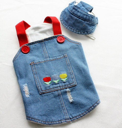 Denim Dog Overalls with Matching Hat - Adorable and Comfortable Pet Outfit