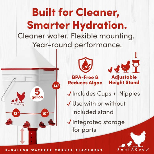 RentACoop 5 Gallon Chicken Waterer with 4 Auto-Fill Water Cups, 4 Horizontal nipples, and Adjustable Stand - Corner Placement