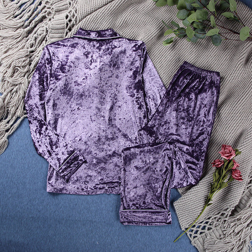 Purple Gold Velvet Women's Pajamas Set Long Sleeved Lapel Home Service Two Piece Suit