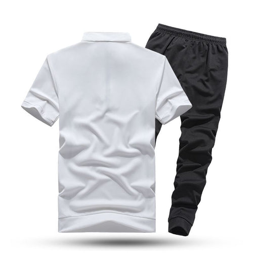 Sportswear Men's RED TSHIRT WITH  ZIPPER COLLAR SHORT SLEEVE TSHIRT, THIN ALL BLACK JOGGER PANTS SET