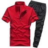 Sportswear Men's RED TSHIRT WITH  ZIPPER COLLAR SHORT SLEEVE TSHIRT, THIN ALL BLACK JOGGER PANTS SET