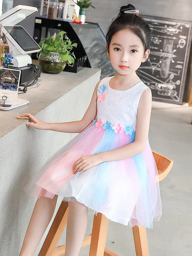 Western Style Flower Stitching Rainbow Mesh Skirt Girls Dress