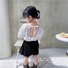 Girls Summer V-neck Back Lace Hollow Lace Puff Sleeve Short Sleeve Baby Shirt  Pumpkin Shorts Two-piece Set