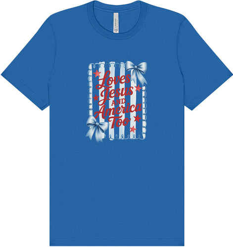 Loves Jesus and America Too Adult Bella Canvas Shirt