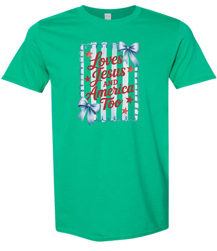 Loves Jesus and America Too Adult Gildan Soft Shirt