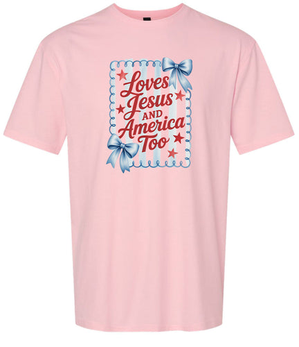 Loves Jesus and America Too Adult Gildan Soft Shirt