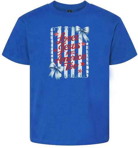 Loves Jesus and America Too Children's Gildan Soft Shirt