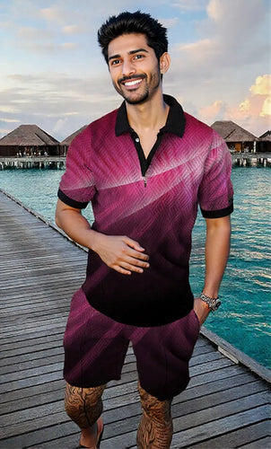 Men's Summer Fashion 3D Printed Short Sleeve Geometric Zip Lapel Shirt Set