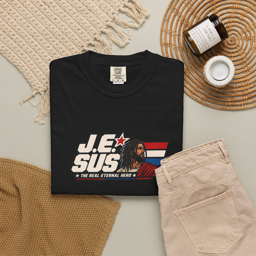 Jesus Retro Graphic T-Shirt — “J.E.SUS The  Real Eternal Hero” Christian Vintage Tee