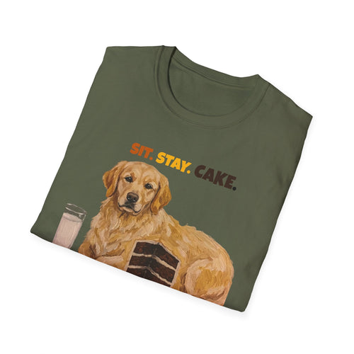 Sit. Stay. Cake. Golden Retriever T-Shirt | Funny Dog Mom Shirt
