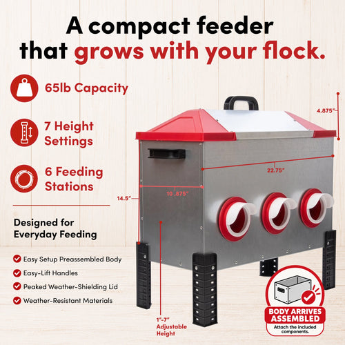 RentACoop Flock Feeder 65 lb - Large Capacity, Weatherproof Metal 6-Port Feeder for Adult Chickens, Turkeys, Ducks, and More