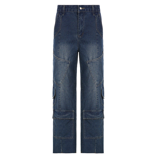 Women's Washed-out Vintage Dark Blue Denim Split Stitching Multi-pocket High Waist Straight All-matching Casual Pants