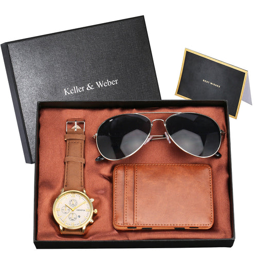 New Men's Quartz Watch Set Glasses Wallet Gift Set Box