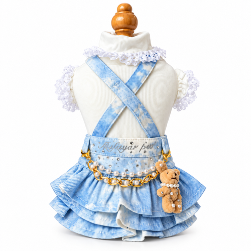Tie-Dye Denim Suspender Pet Skirt & Cotton Ruffle Shirt