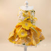 Yellow Floral Dog Dress Pet Gown with Detachable Train