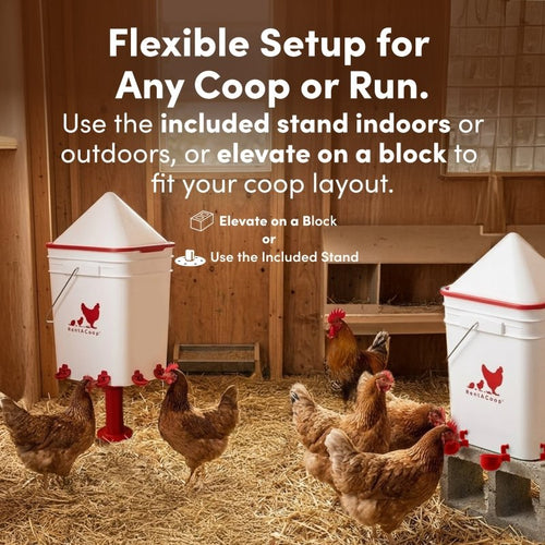 RentACoop 5 Gallon Chicken Waterer with 4 Auto-Fill Water Cups, 4 Horizontal nipples, and Adjustable Stand - Corner Placement