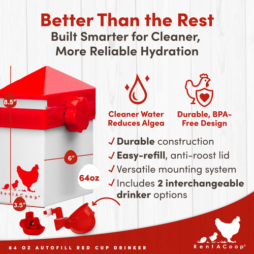 RentACoop 64oz(2L) Automatic Drinker with Auto-Fill Cup and Horizontal Nipple